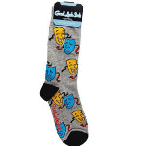 Good Luck Socks Crew Men Women Comedy Tragedy Masks Greek Theater Blue NWT NEW